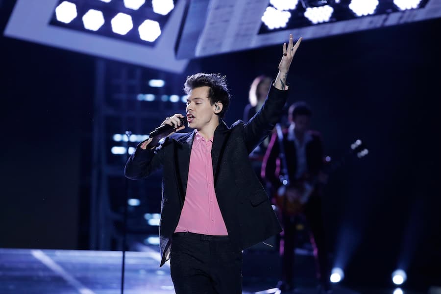Singer Harry Styles performs during the Victoria's Secret fashion show at the Mercedes-Benz Arena in Shanghai, China on Monday, Nov. 20, 2017. (AP Photo/Andy Wong)