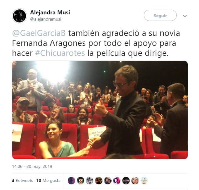 “(Gracias) a mi novia Fernanda, que está por ahí, que me ayudó con la película y por todo”, dijo el director mexicano frente a la audiencia de Cannes, entre los que se encontraban sus compatriotas Diego Luna y Alejandro González Iñárritu.
