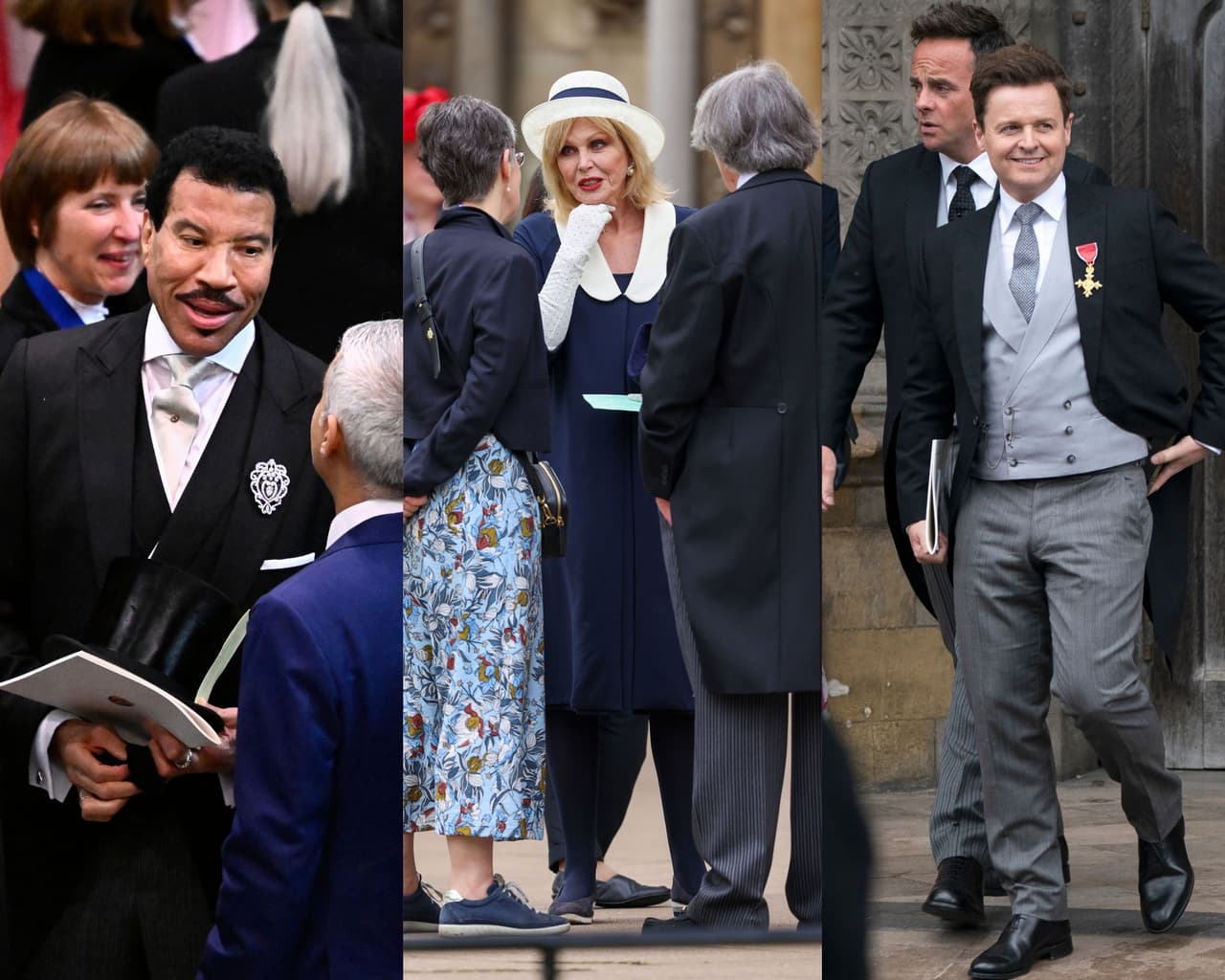 Lionel Richie, Joanna Lumley y Declan Donnelly en la coronación de Carlos III.
