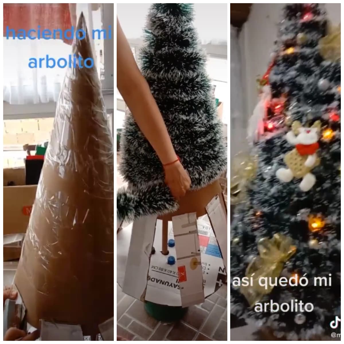 Árbol de Navidad hecho de cartón por usuaria de TikTok