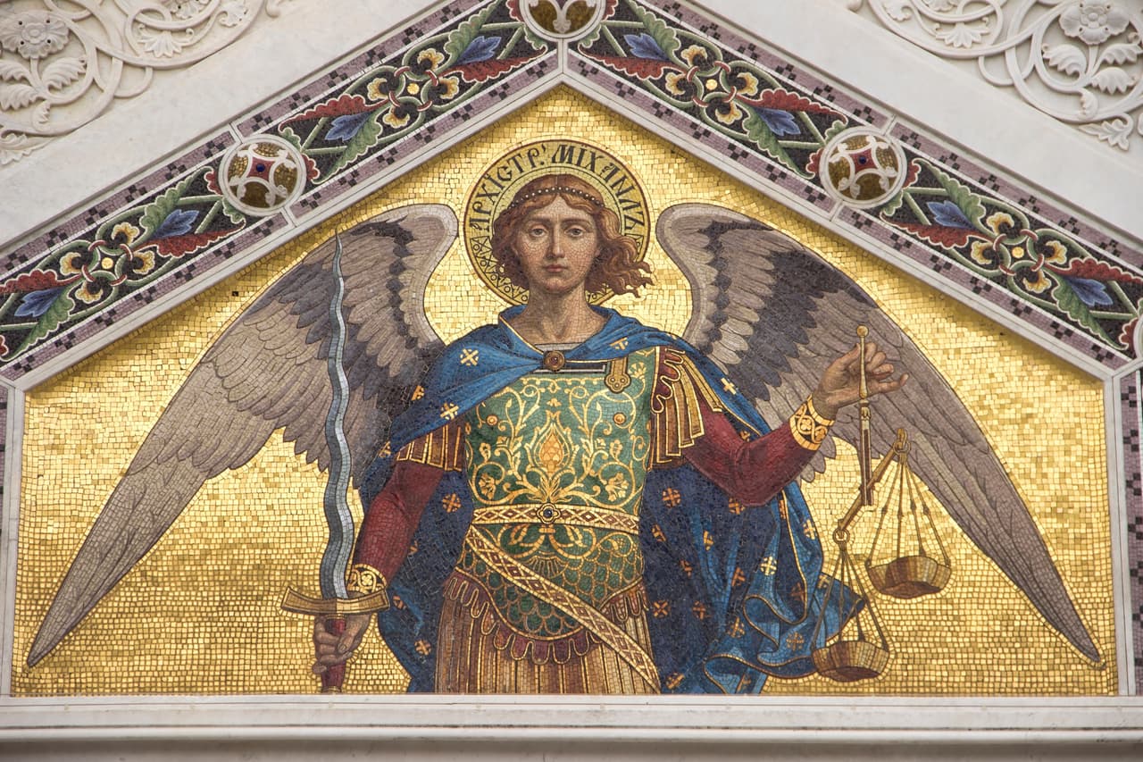 Mosaic of Saint Michael on the facade of Serbian Orthodox Church in Trieste