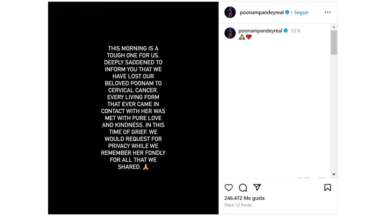 Con este mensaje se anunció la muerte de Poonam Pandey.