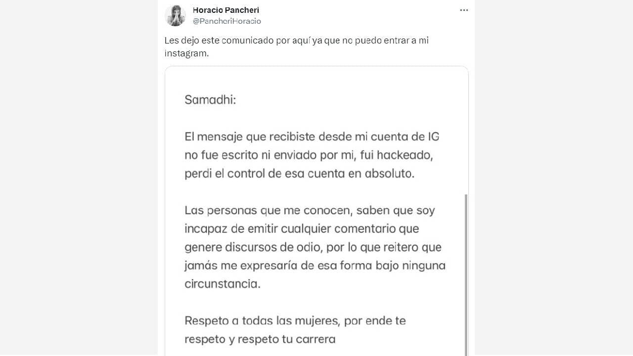 Horacio Pancheri responde a Samadhi Zendejas con un comunicado