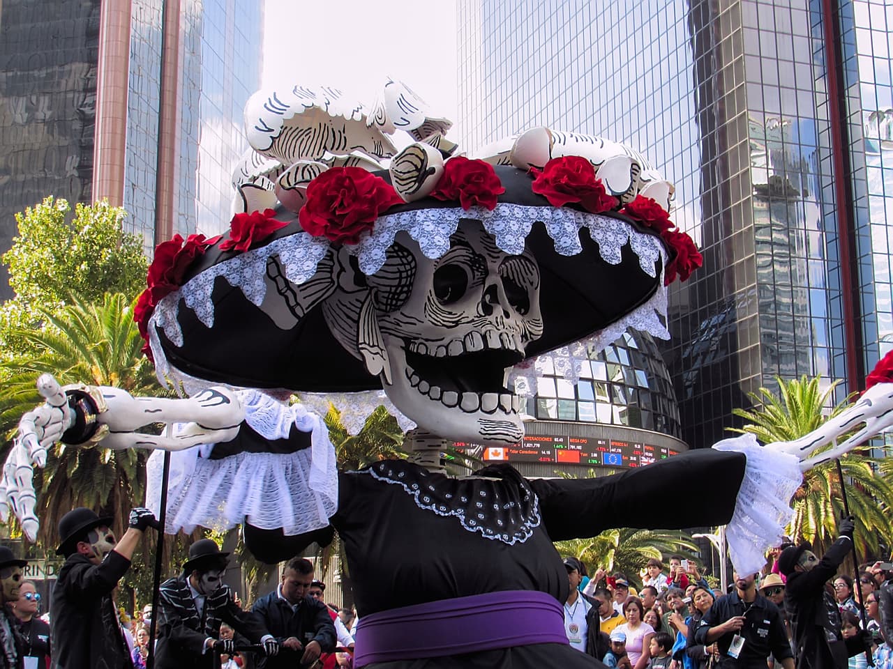 Mexico City, CDMX / Mexico - 29 10 2016: This is from a parade for the Day of the Dead in Mexico City that was presented in 2016 after the James Bond "Spectre" film. The film itself inspired the idea that this specific parade should be done yearly with the same type of theme from the movie with the style by the Mexican political litographist José Guadalupe Posada. In this specific parade, some the original cast members with their costumes and figures that were used in the James Bond movie appeared.
