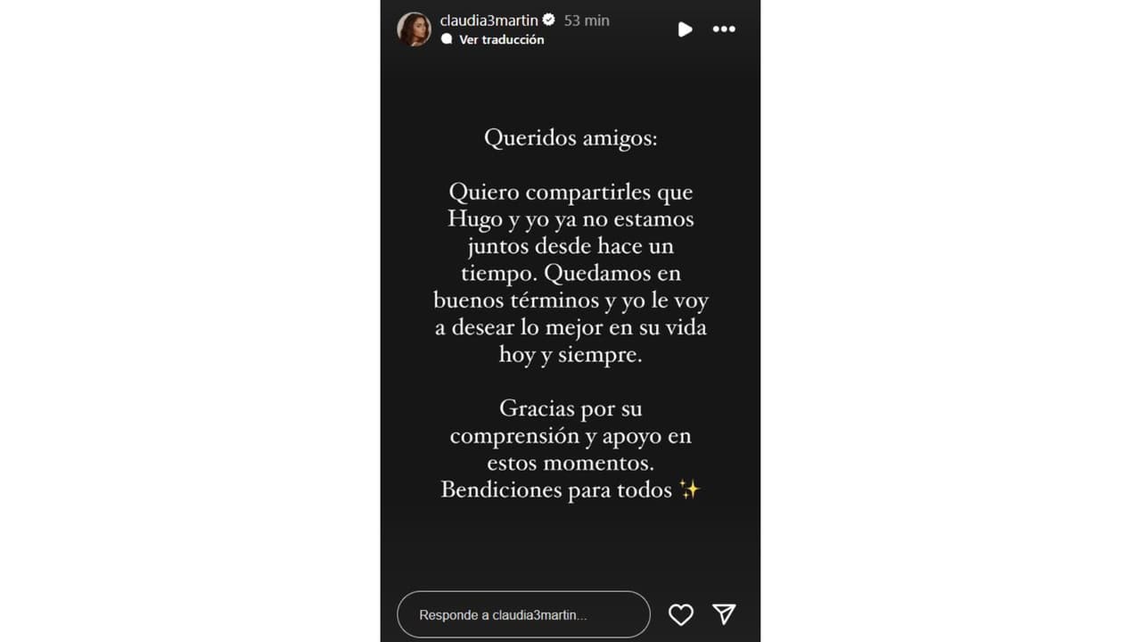 Claudia Martín anuncia ruptura con Hugo Catalán.