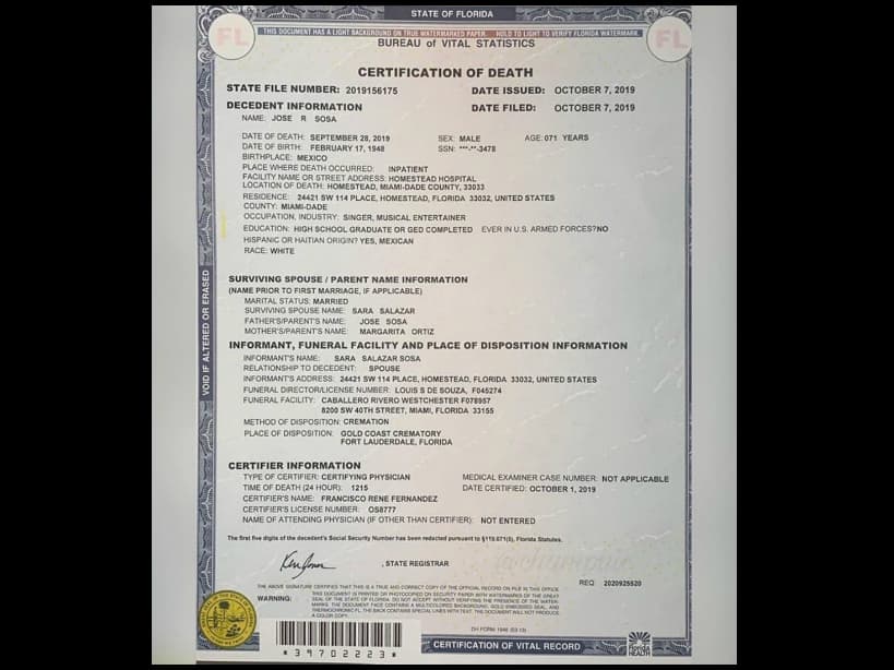 Acta de defunción confirma que José José murió el 28 de septiembre en el hospital Homestead de Miami