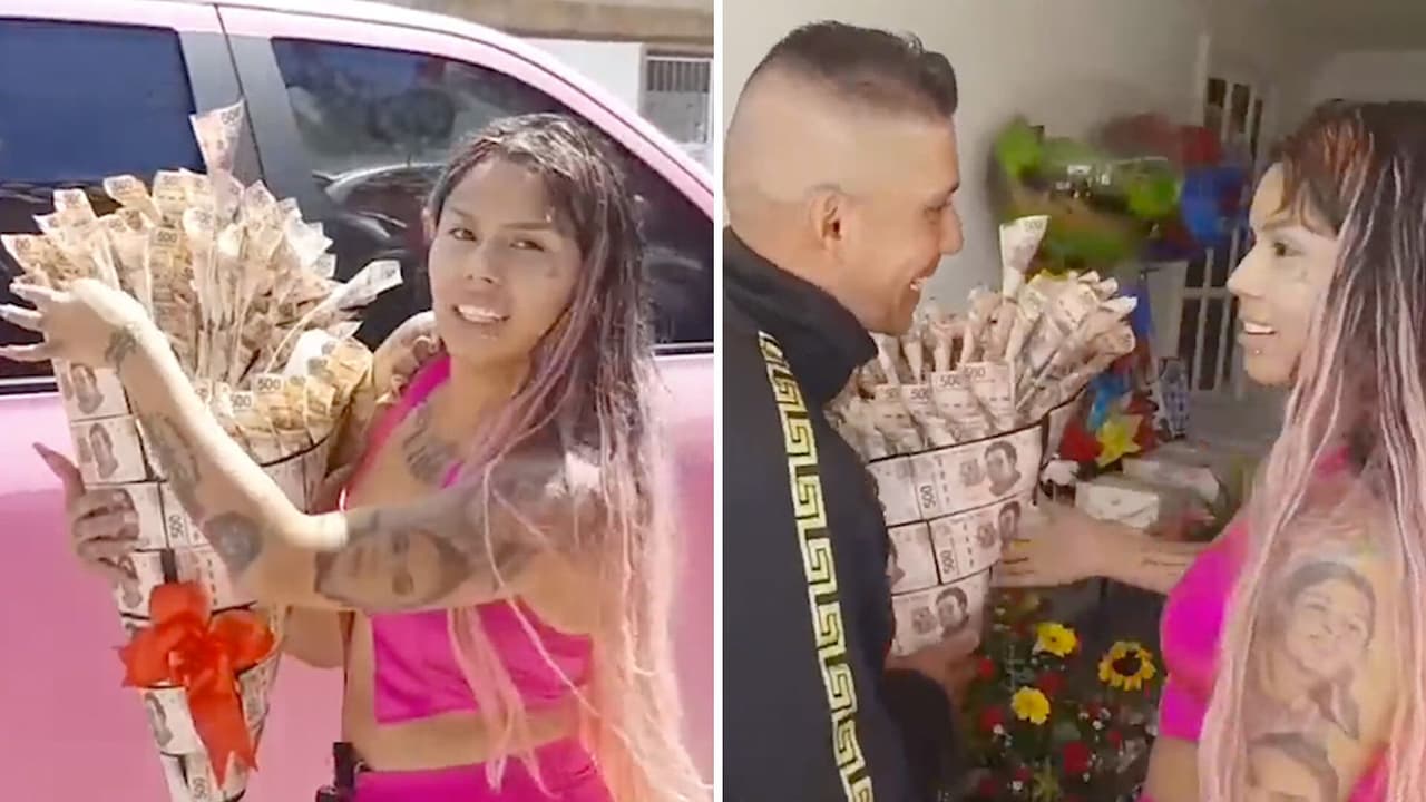 Influencer le regala un ramo de billetes a su papá con 50 mil pesos