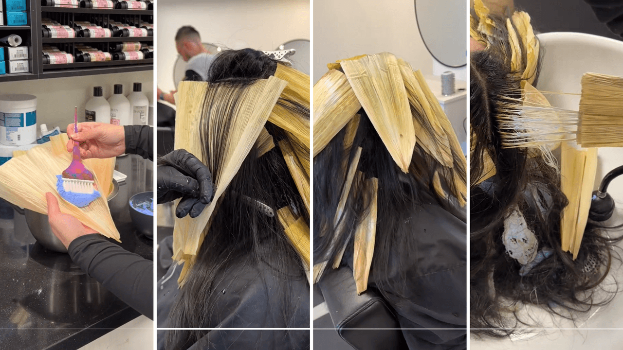Estilista usa hojas de elote para tamal en vez de aluminio para decolorar cabello.
