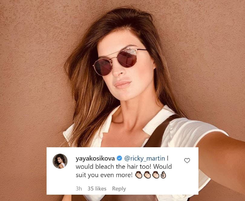 <b><a href="https://www.univision.com/shows/hoy/montserrat-oliver-confiesa-que-su-esposa-yaya-kosikova-le-hizo-una-peticion-que-causo-rumores-de-una-separacion-video">Yaya Kosikova</a></b> le hizo una sutil sugerencia al puertorriqueño: "Ricky Martin 
<b>¡Yo también decoloraría el cabello! </b>¡Te quedaría aún más!", escribió la modelo eslovena.
<br>
