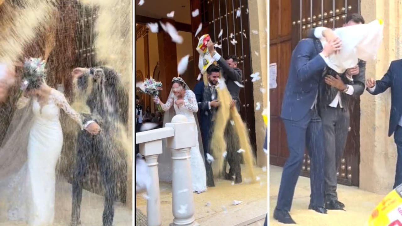 Pareja recibe ataque de arroz al salir de la iglesia