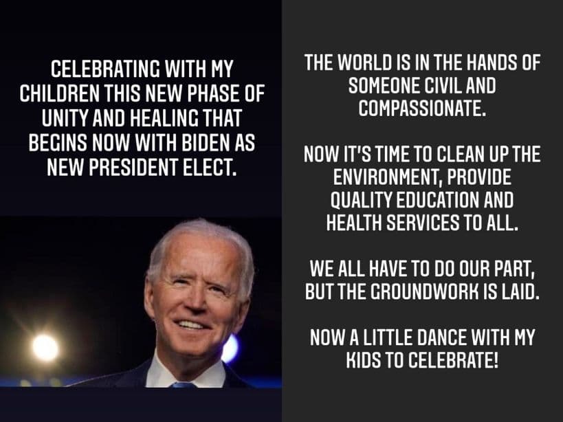 Shakira celebra el triunfo de Joe Biden en las elecciones de Estados Unidos.