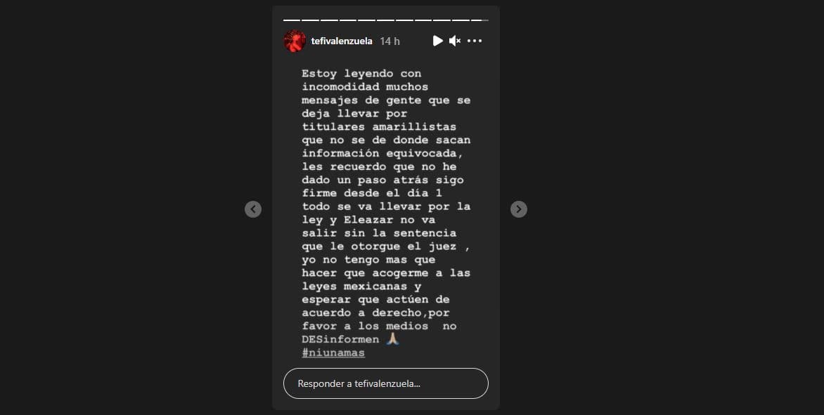 Tefi Valenzuela se pronuncia en redes sociales con contundente mensaje sobre la posibilidad de que Eleazar 'N' quede en libertad en los próximos días.