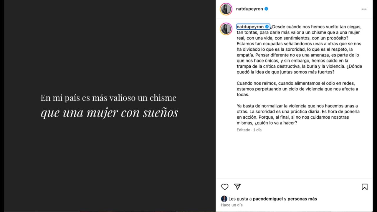 Natasha Dupeyrón pide respeto hacia las mujeres en Instagram tras polémica que atravesó Ángela Aguilar
