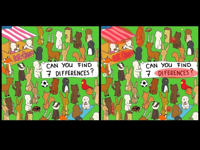 Algunos no eran tan fáciles:
<br>1.- El techo cambia el orden de los colores rojo y blanco.
<br>2.- El conejo de arriba está volteando a otro lado.
<br>3.- La palabra "Differences", tiene una "f".
<br>4.- "Ice-Cream" no tiene "guion" en la palabra.
<br>5.- El helado del oso de arriba no tiene una bola de chocolate.
<br>6.- El conejo de abajo no tiene helado en la primera imagen.
<br>7.- El helado del conejo de la izquierda, tiene un bola menos de nieve. No tiene una bolita de fresa.