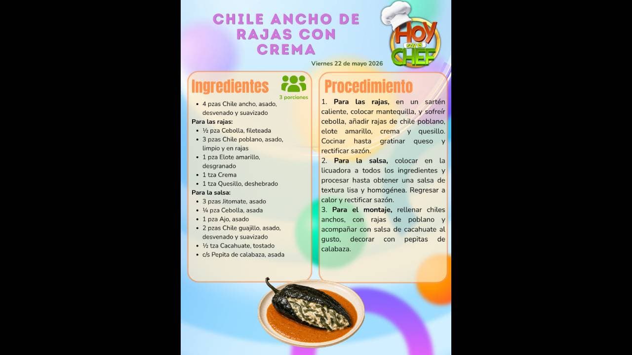 ¿Quieres preparar chile ancho de rajas con crema? Hoy soy el Chef te dice cómo