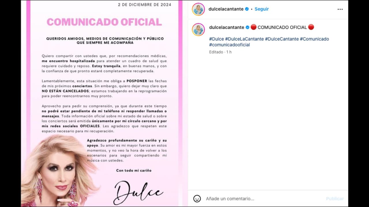 En sus redes sociales, Dulce lanzó un comunicado para informar que, por motivos de salud, tendrá que posponer algunas fechas de su gira