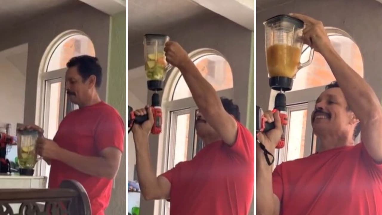hombre hace funcionar licuadora con taladro
