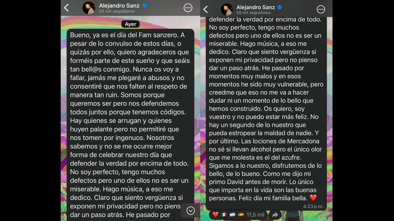 A través de WhatsApp, Alejandro Sanz mandó un nuevo mensaje a sus seguidores tras polémica
