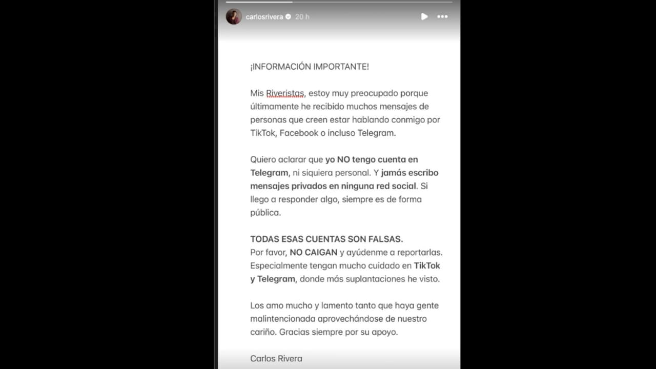 Carlos Rivera advierte sobre cuentas falsas en redes que se hacen pasar por él