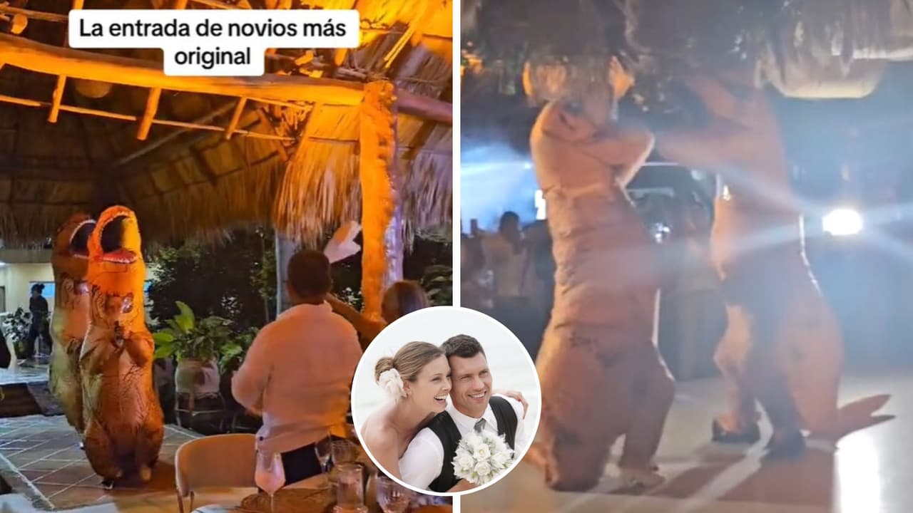 Novios entran a su boda usando botargas de dinosaurios y video causa debate en TikTok