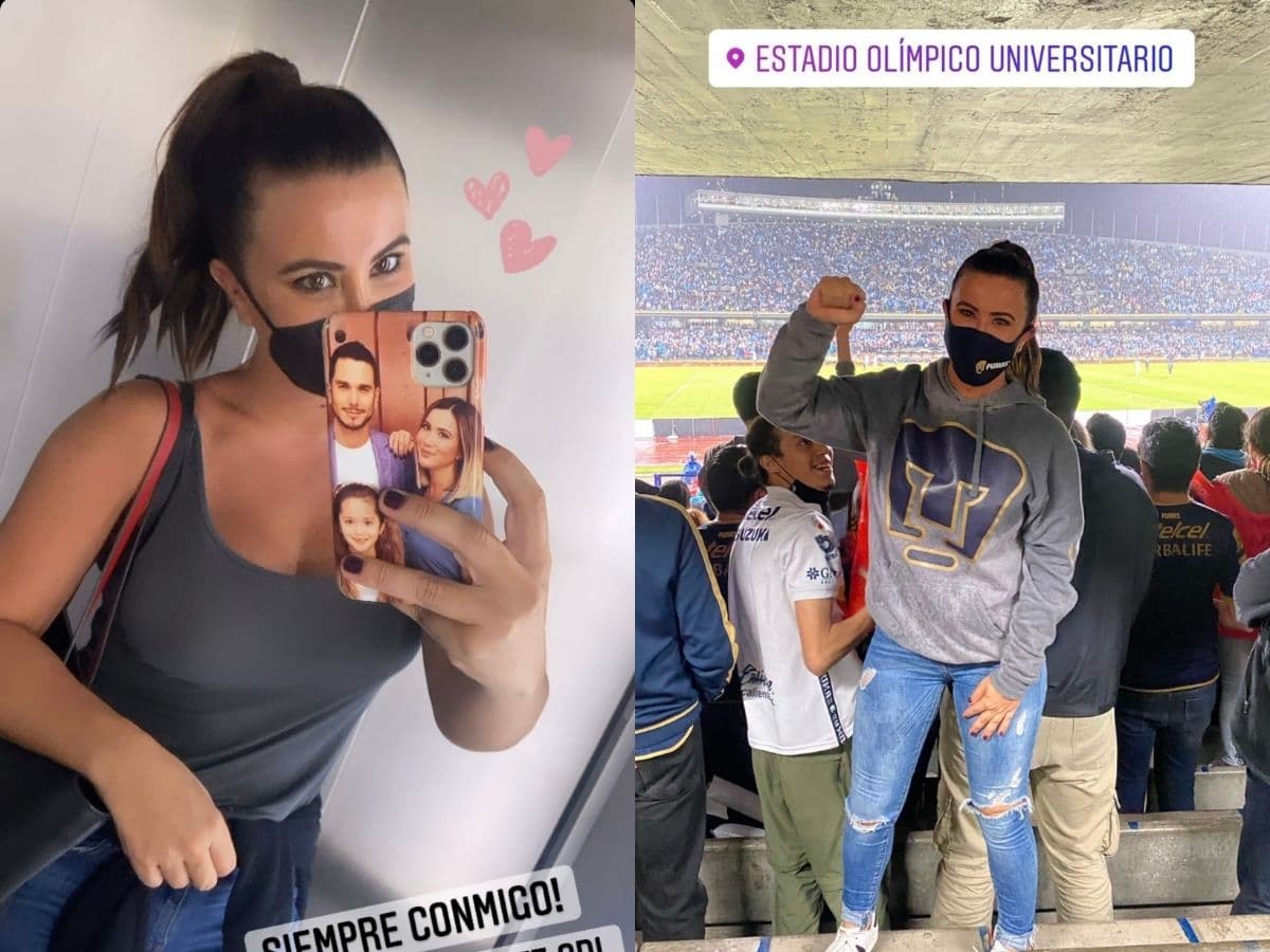 Mariazel apoyando a los Pumas en el Estadio Olímpico Universitario