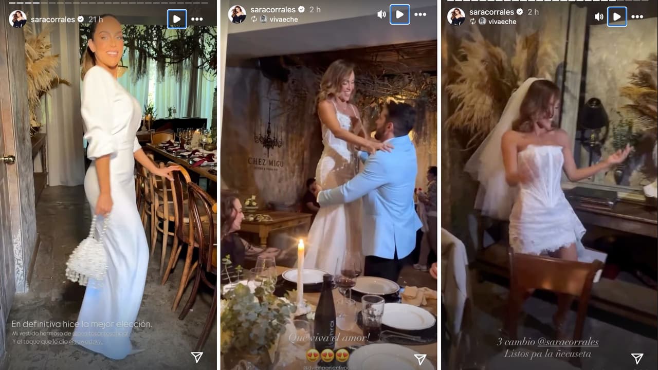 Sara Corrales lució tres cambios de vestido en su boda civil.