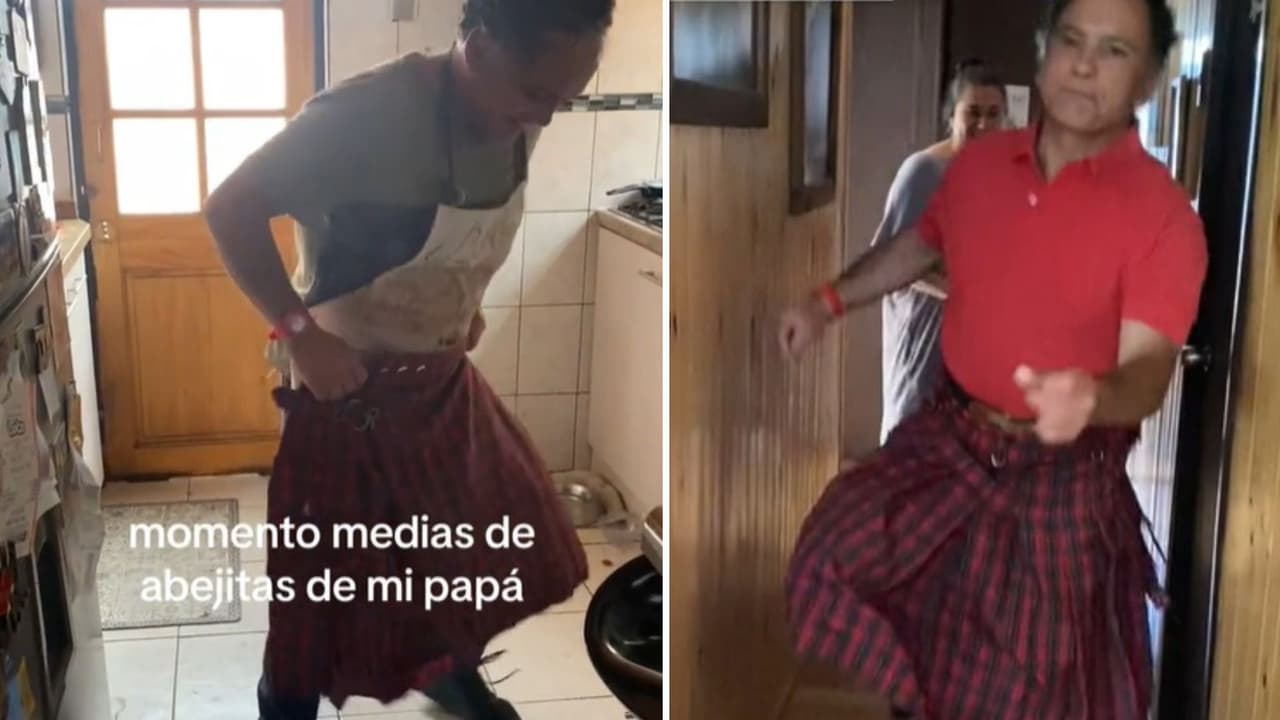 Regalan a papá una falda y su reacción te hará llorar: Su momento 'medias de abejita'