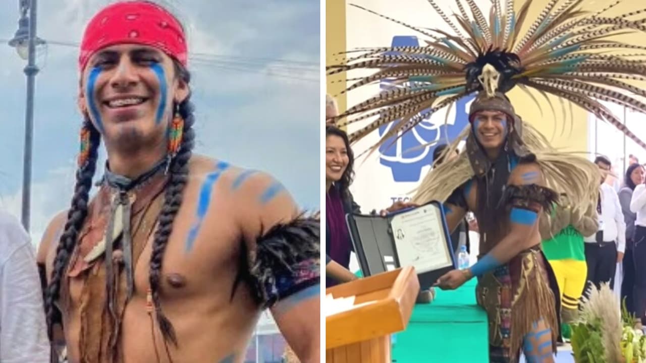 Joven mexicano se gradúa de la universidad y asiste a la ceremonia vestido con atuendo prehispánico
