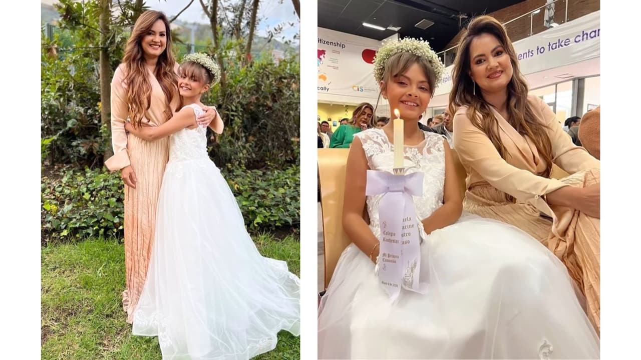Rafaela Castro y su mamá, Paola Eraso, durante la primera comunión de la pequeña.