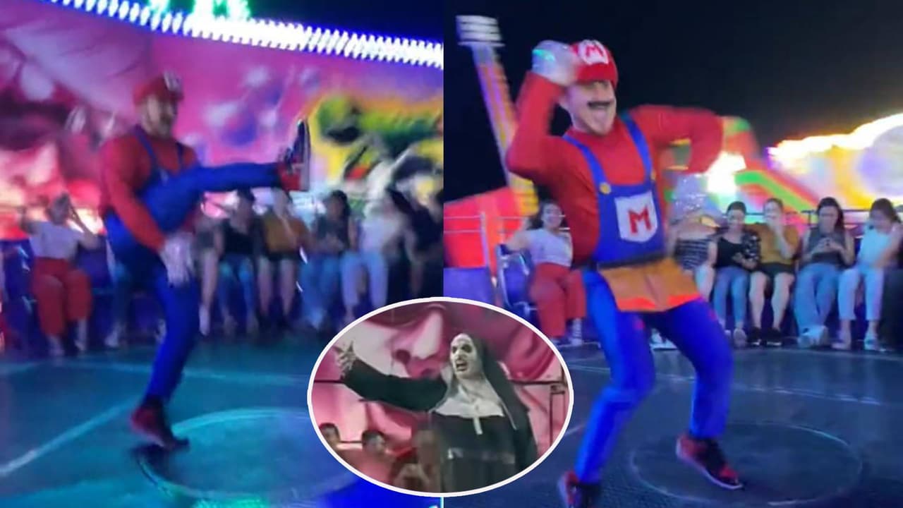 Hombre disfrazado de Mario Bros sorprende en juego de feria: ¿baila mejor que ‘La Monja’?