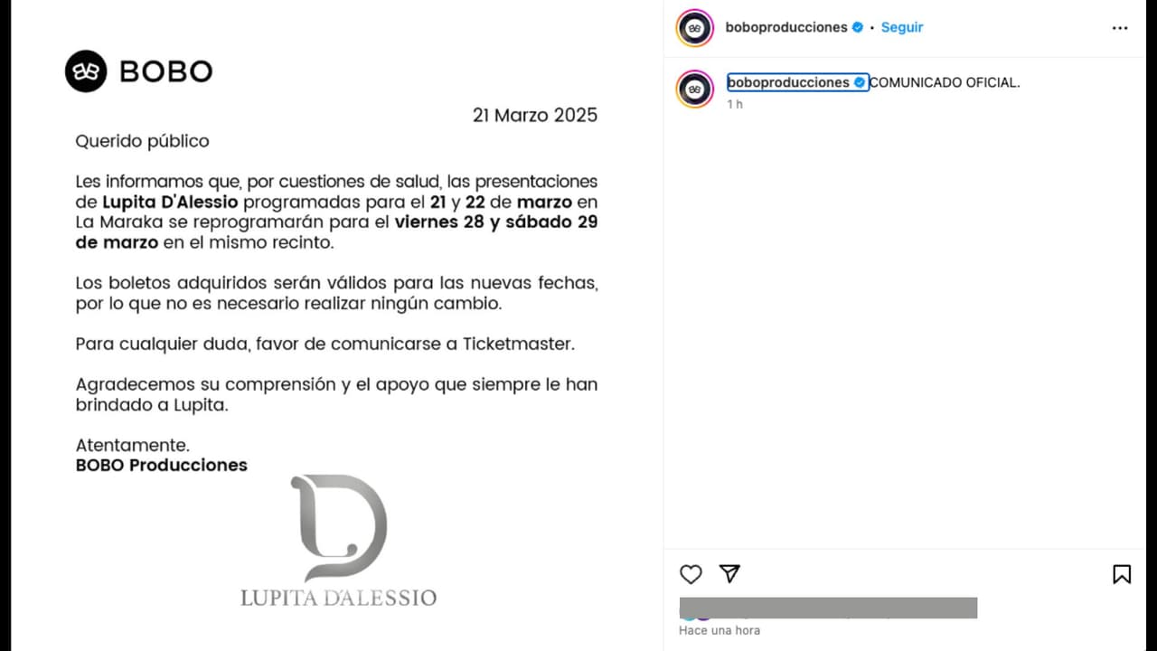 Reprograman conciertos de Lupita D'Alessio en CDMX por temas de salud
