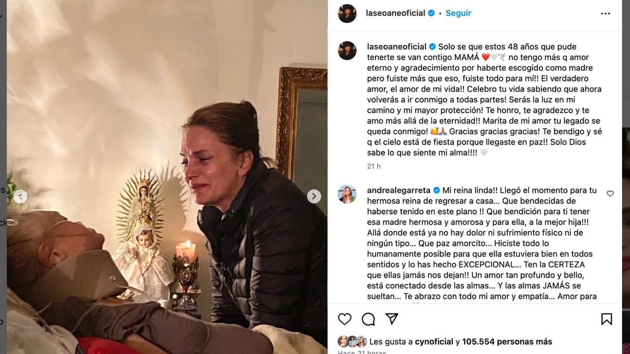 Mariana Seoane anuncia la muerte de su mamá con devastadora foto.
