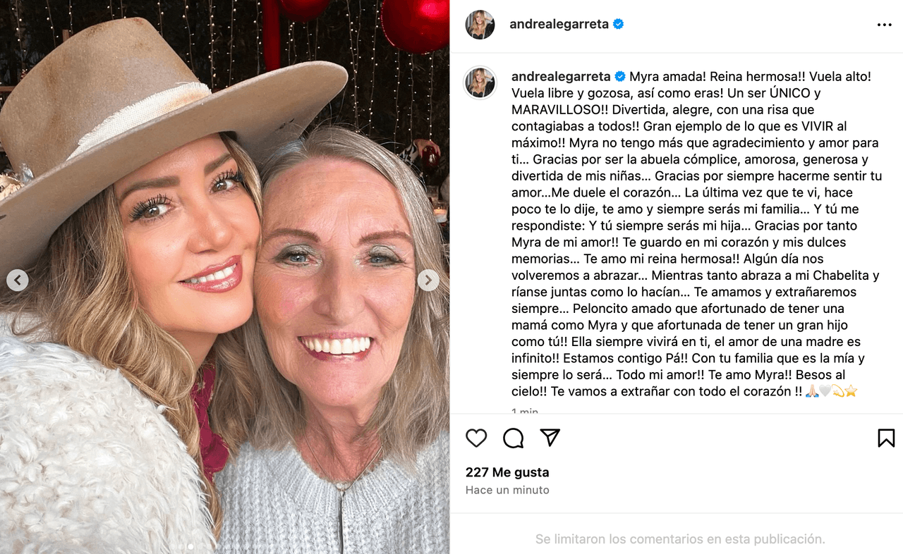 Andrea Legarreta lamenta el fallecimiento de la mamá de Erik Rubín