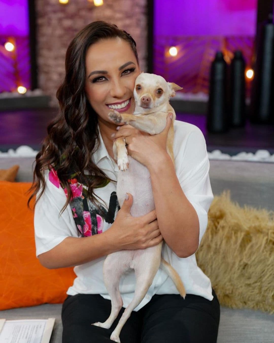 Consuelo Duval - La 'perrhija' de la conductora, se llama María y es de raza chihuahua. Consuelo ha narrado que María le ha ayudado a superar miedos como las alturas y los aviones. Además, la actriz ha externado en diversas ocasiones que su amor por los perros es tal, que ella suele rescatar a muchos de la calle.