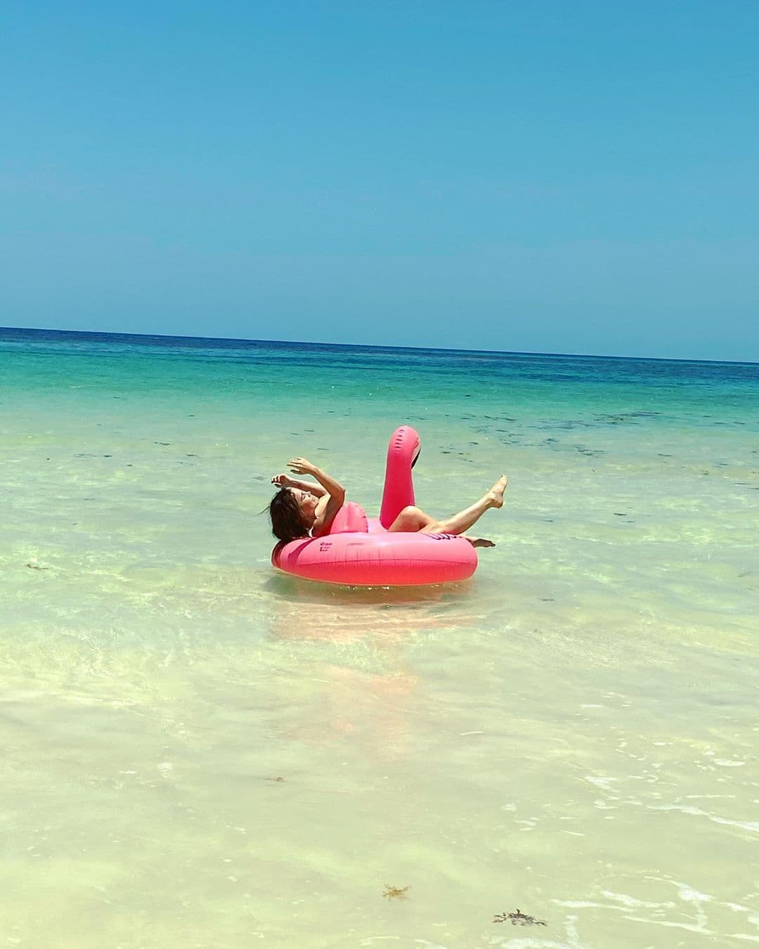 Horas después, Camila Sodi publicó más retratos en los que dejó ver que se relajó en una playa a bordo de un flamenco de plástico.
