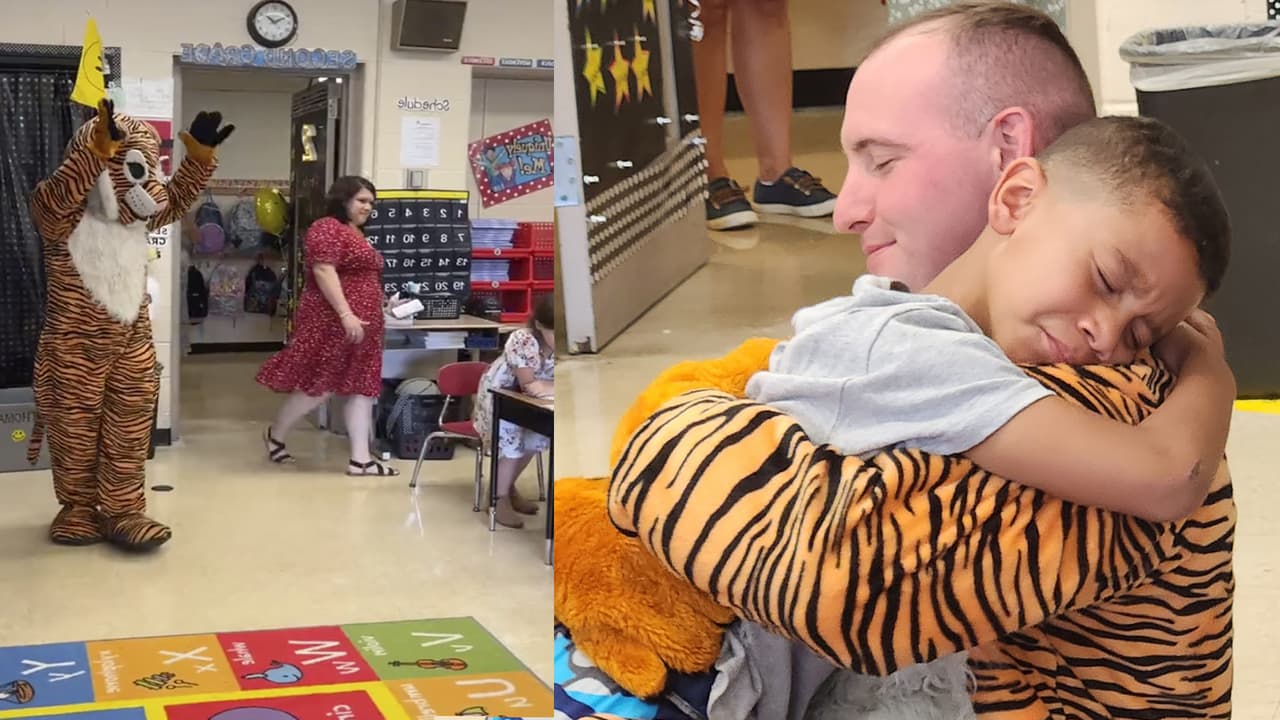 Papá va a la escuela de su hijo disfrazado de tigre tras un año de no verlo y la sorpresa conmuve al Internet