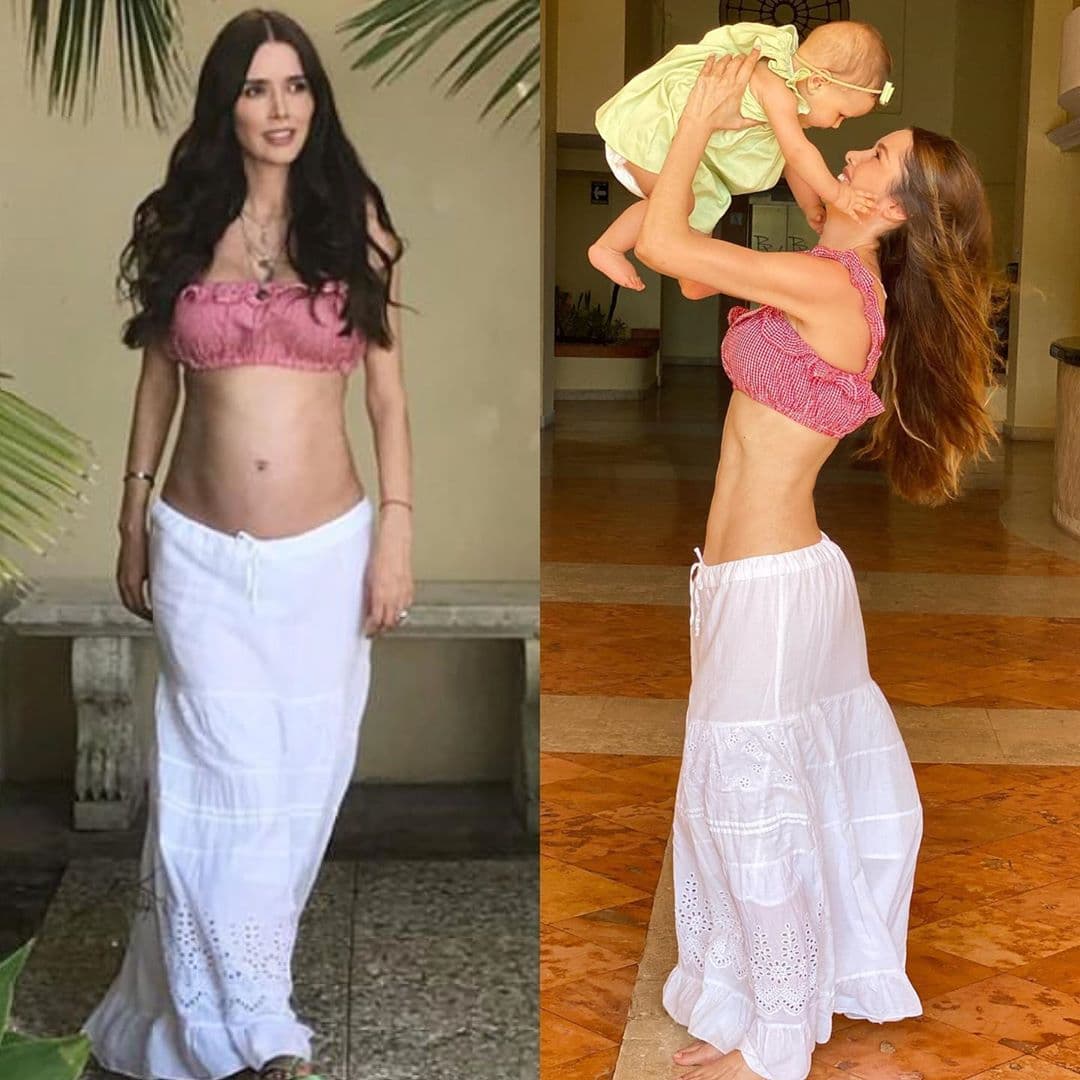 A través de su cuenta oficial de Instagram, la actriz compartió una fotografía comparativa, en la que apareció con el mismo atuendo, dejando ver cómo lucía con su pancita de embarazo hace casi un año y como ahora ya recuperó su torneada figura y hasta abdomen marcado tiene.