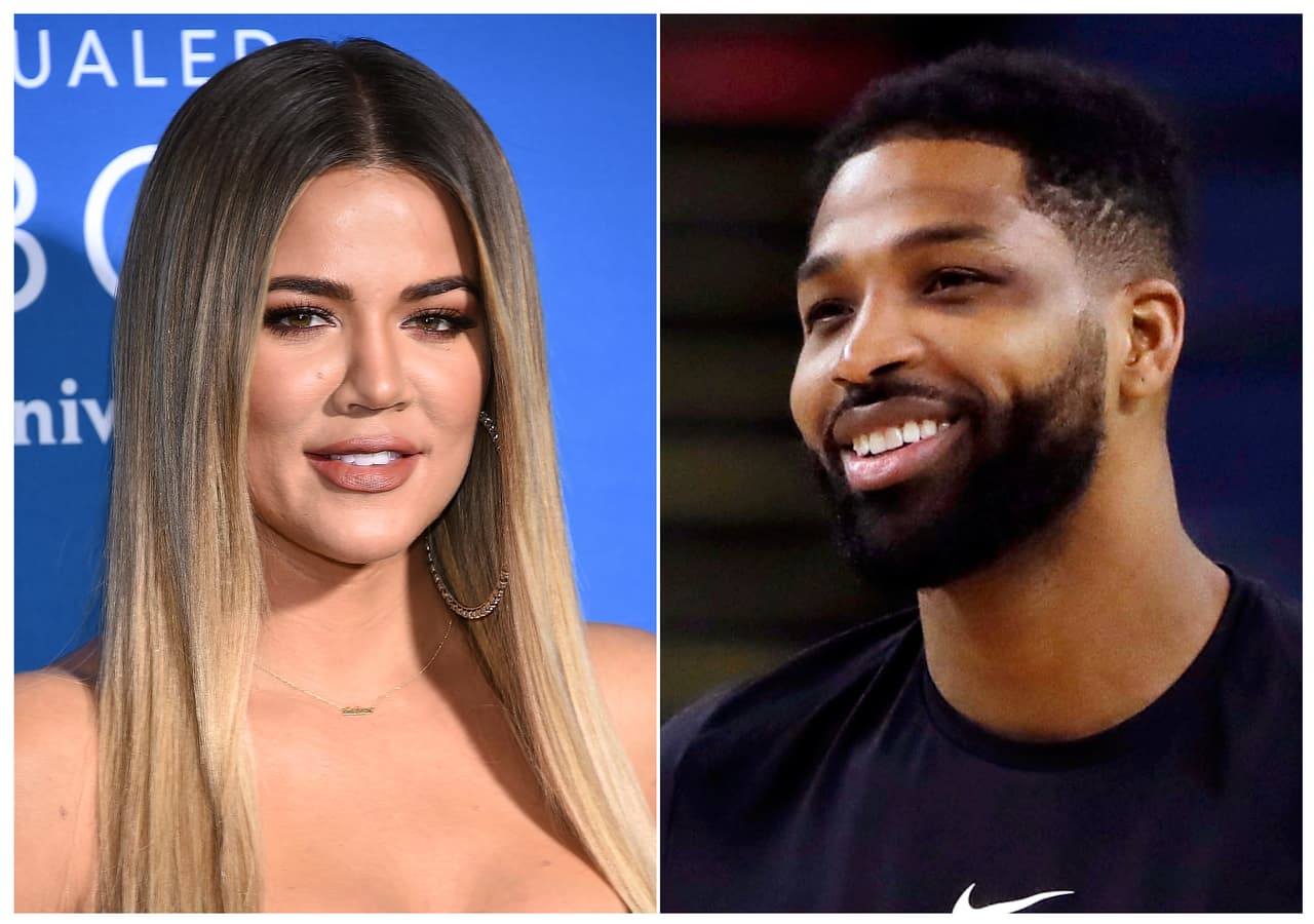 This combination photo shows TV personality Khloe Kardashian at the NBCUniversal Network 2017 Upfront in New York on May 15, 2017, left, and Cleveland Cavaliers' Tristan Thompson during an NBA basketball practice in Oakland, Calif., on May 30, 2018. Kardashian and Thompson have a nearly one-year-old daughter named True. (AP Photo)