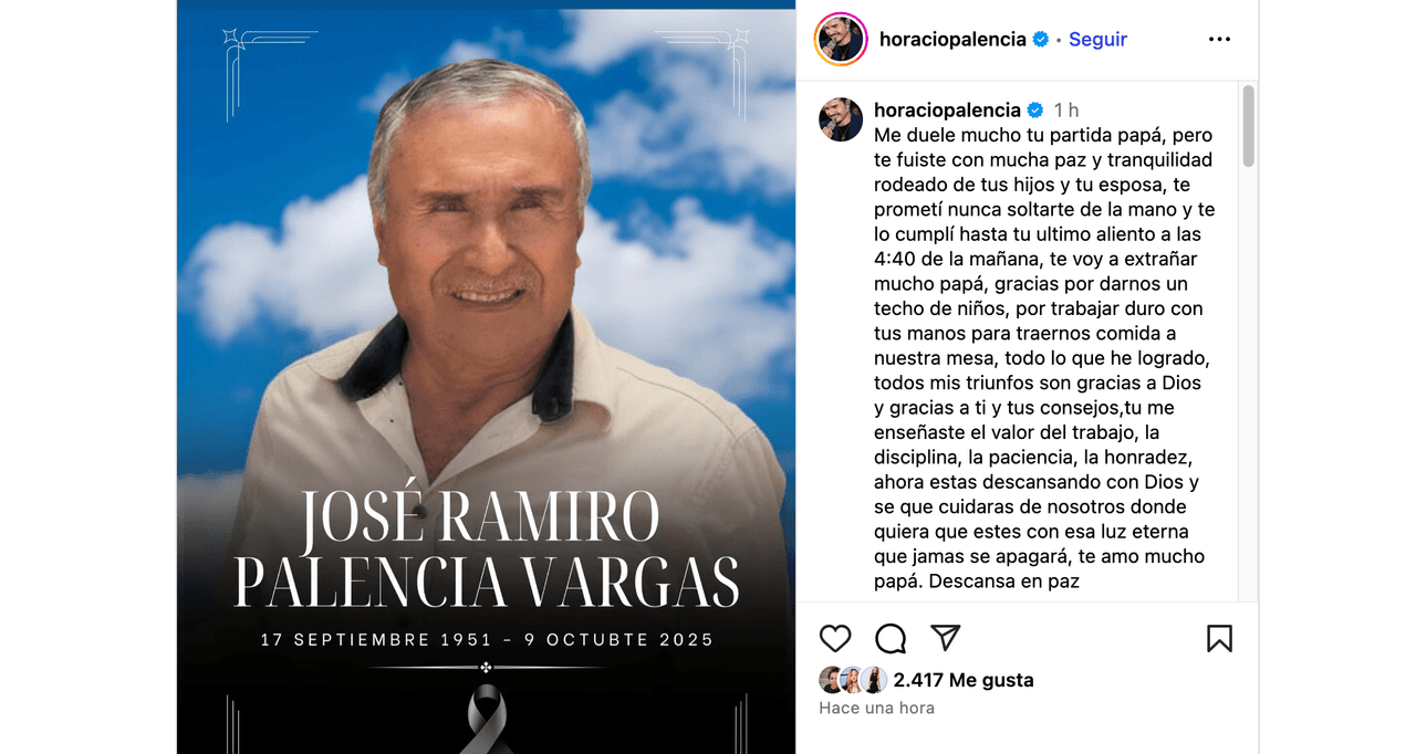 Horacio Palencia anuncia la muerte de su padre