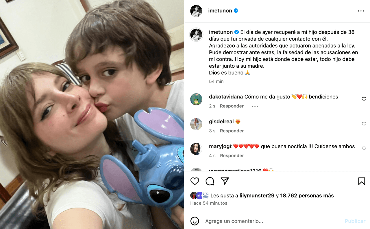 Esta es la foto que publicó Imelda Tuñón tras recuperar a su hijo