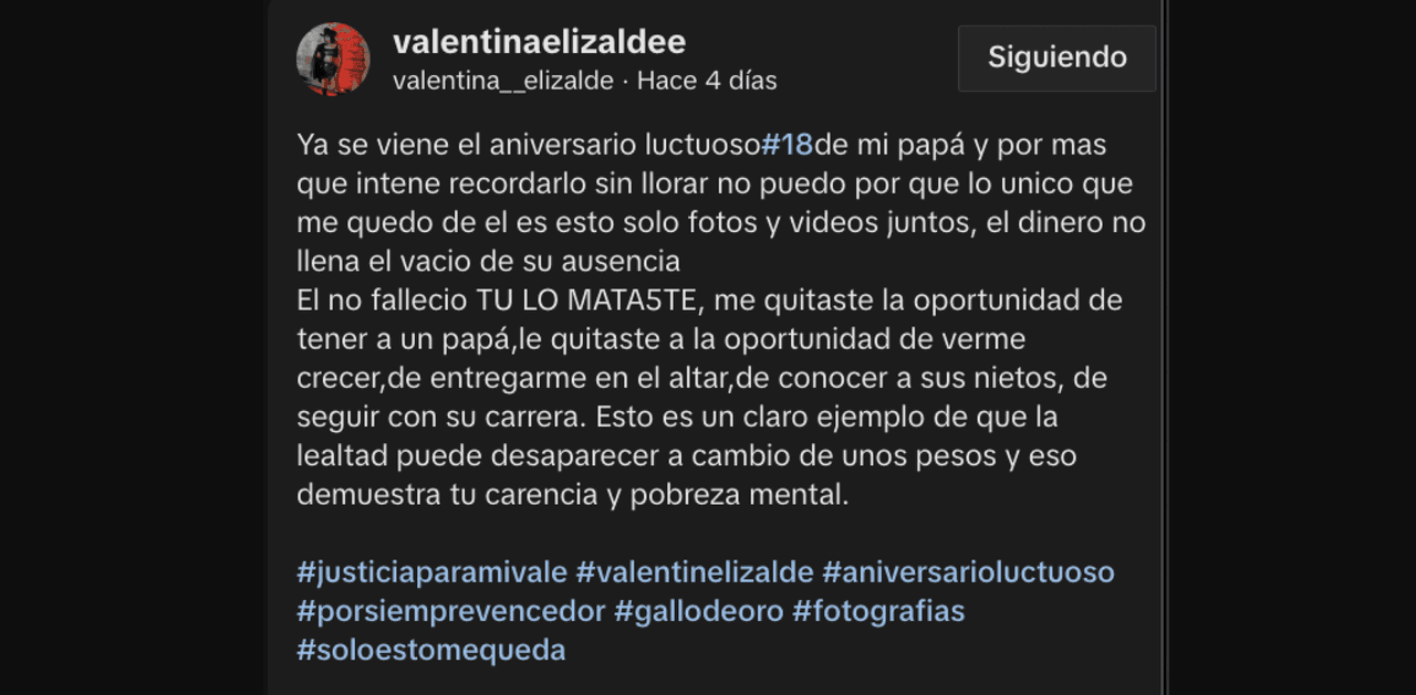 Este es el controversial mensaje que publicó la hija de Valentín Elizalde
