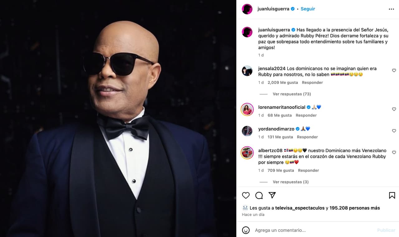 Juan Luis Guerra le dedicó unas sentidas palabras en sus redes sociales a Rubby Pérez, quien falleció este martes 8 de abril.