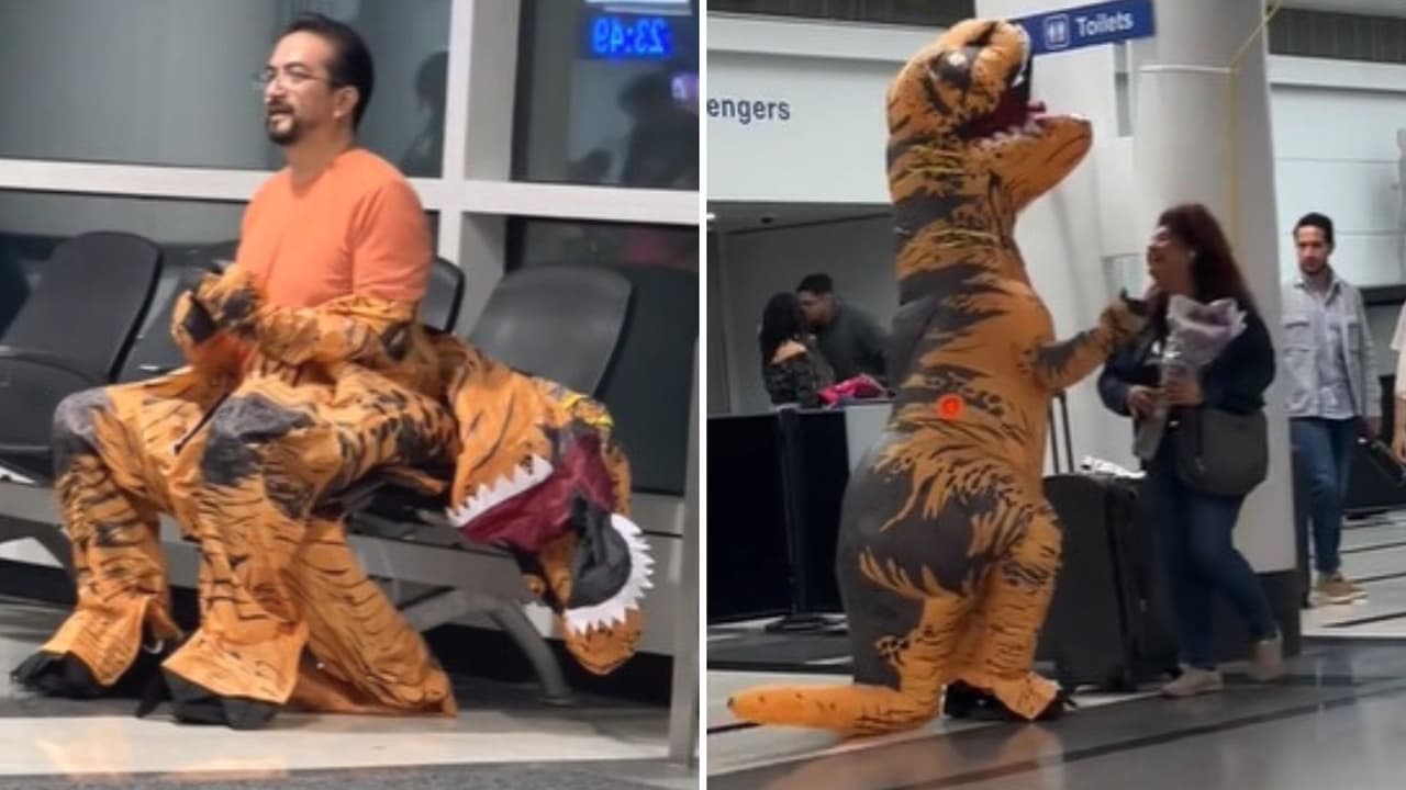 Hombre espera a su esposa en el aeropuerto vestido de dinosaurio: el video te hará llorar