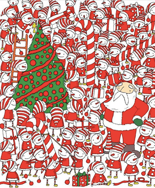 Esta imagen te retará a encontrar el sombrero de santa entre todos los ayudantes que tiene.