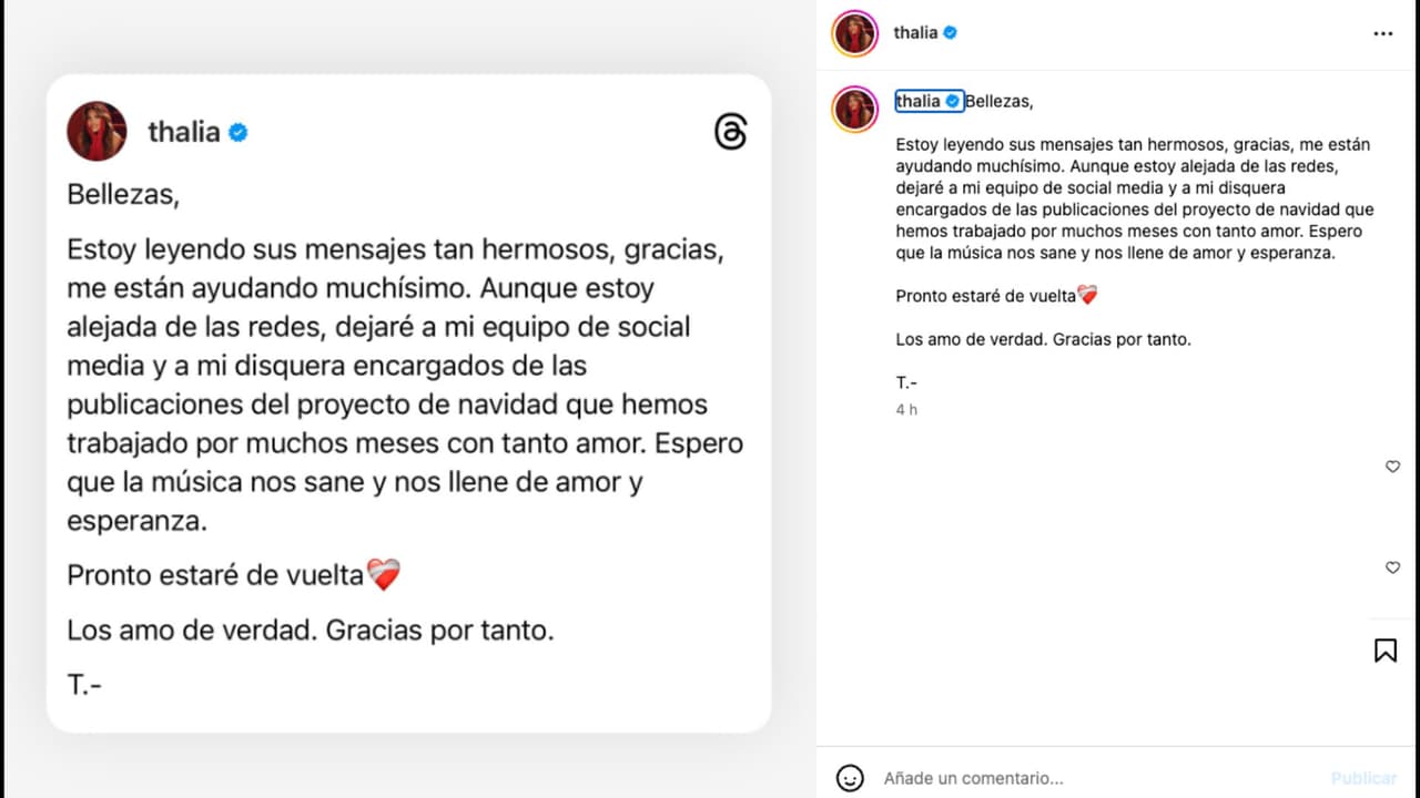 Thalía comparte que estará alejada de sus redes sociales tras la muerte de su hermana Ernestina Sodi
