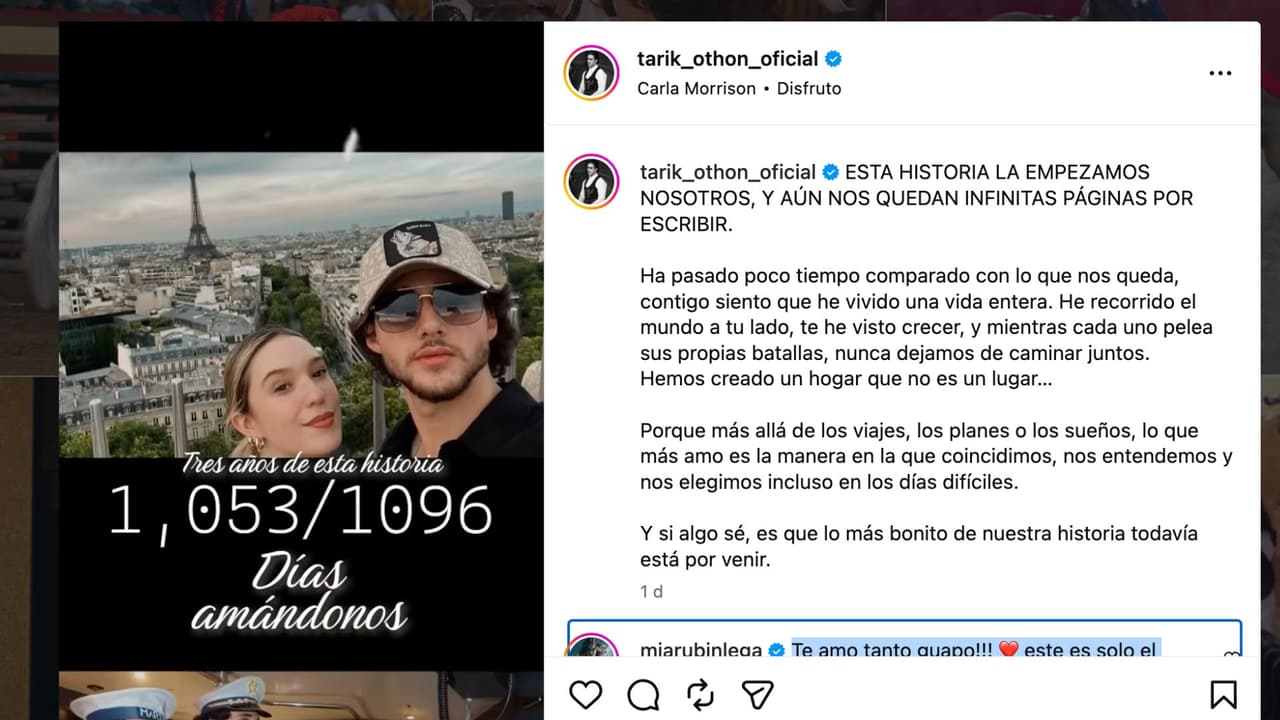 Tarik Othón dedica mensaje de aniversario a Mía Rubín.