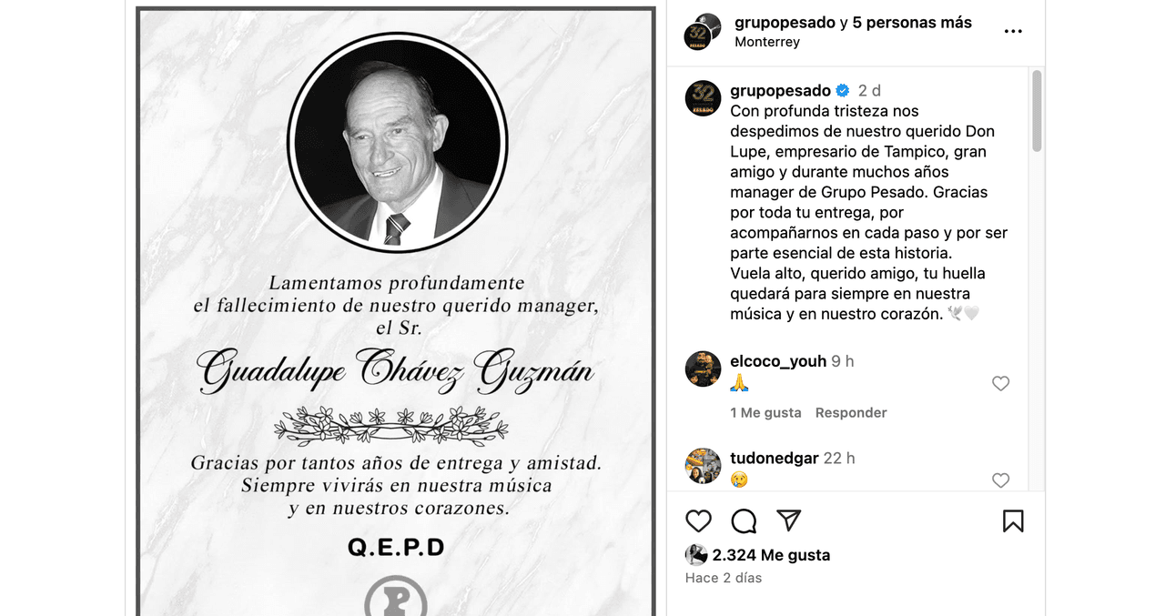 Muere integrante de Grupo Pesado y, entre lágrimas, lo despiden: “Vuela alto querido amigo”