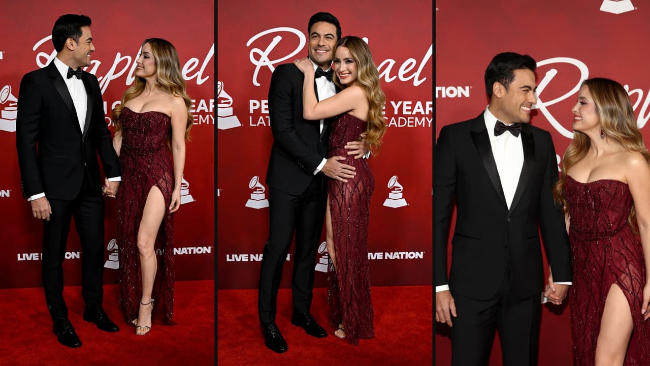 Carlos Rivera posa junto a Cynthia Rodríguez en la alfombra roja de los Latin Grammy