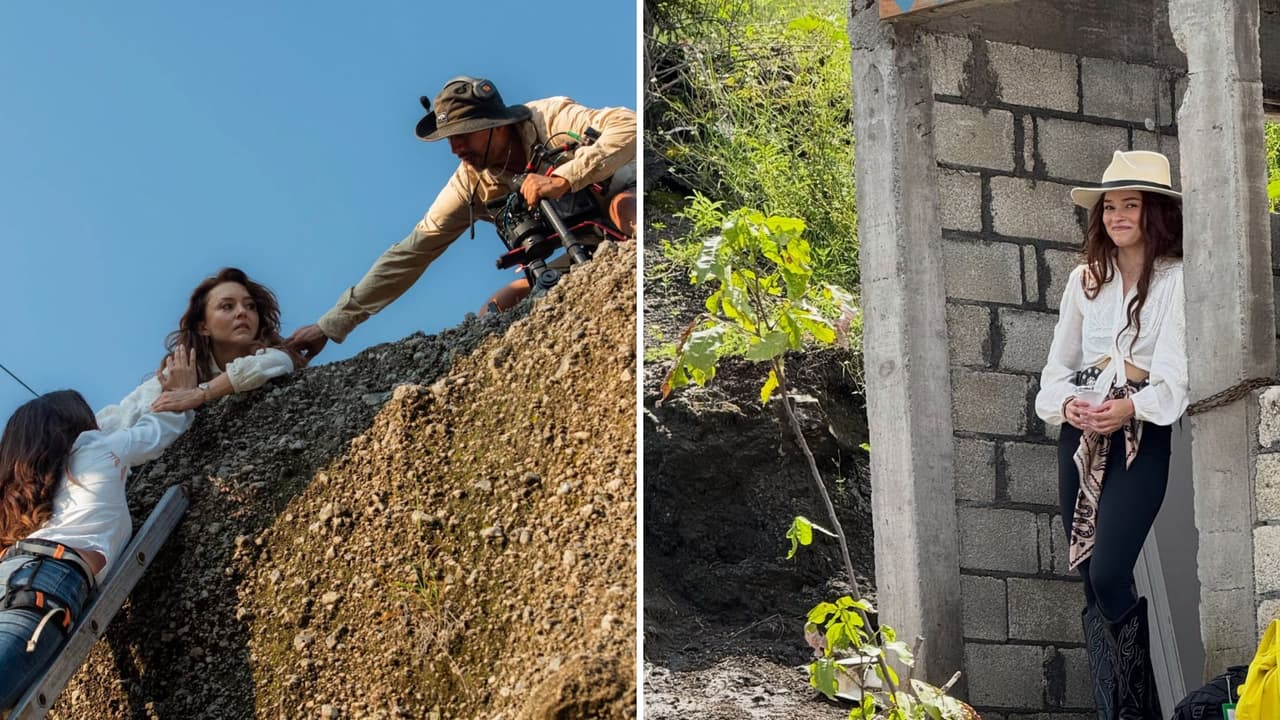 Angelique Boyer comparte fotos con su doble en 'Doménica Montero'.