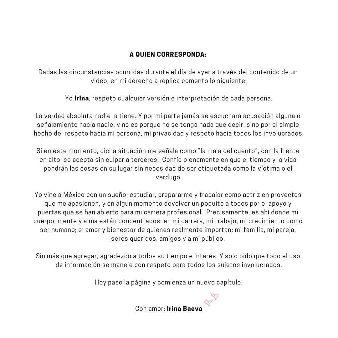 Finalmente, el 20 de febrero, Irina se defiende y comparte un comunicado donde dice que respeta ‘la versión e interpretación de cada persona’ y acepta que hoy 'queda como la mala del cuento’.